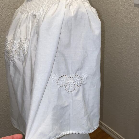 Women’s Short Sleeve Peasant Shirt Ruched Eyelet Cotton White Loose Fit Sz XXL - Picture 3 of 8